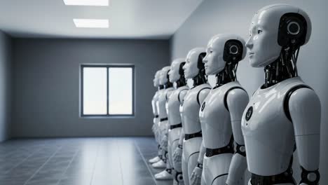 a row of advanced humanoid robots standing in a modern room with ambient lighting and minimalist design, showcasing futuristic technology and ai development