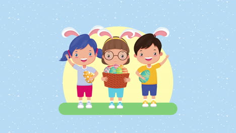 happy easter animated card with little kids and eggs painted