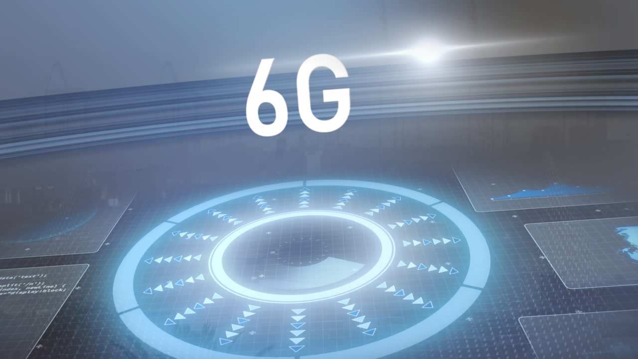 도시 풍경 위의 6g 텍스트 및 데이터 처리의 애니메이션