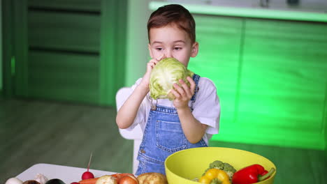 kid chopping veggies in kitchen. a young child joyfully sorts colorful vegetables in a cheerful kitchen setting, engaged in a fun cooking activity