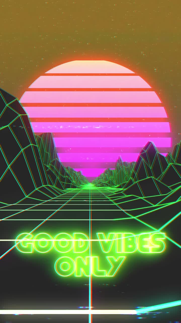 Paesaggio synthwave rétro con testo al neon "Solo buone vibrazioni"