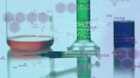 digital composition of chemical structures and formulas floating against syringe falling