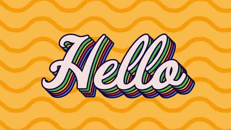 animation of retro hello rainbow text over orange waves pattern in the background