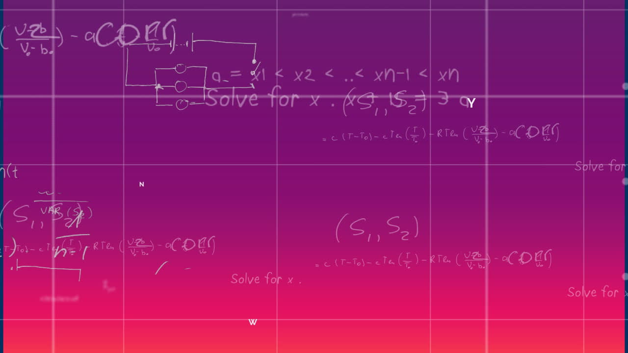 Animation of white colored mathematical equation and grid pattern over gradient background