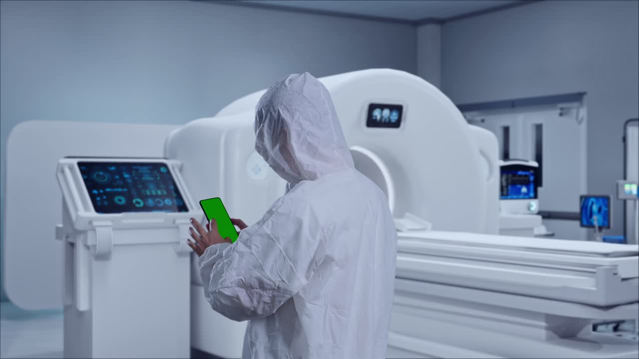 Back View Of Asian Male Scientist Use Mock Up Green Screen Smartphone While Standing With MRI Machine In The Hospital