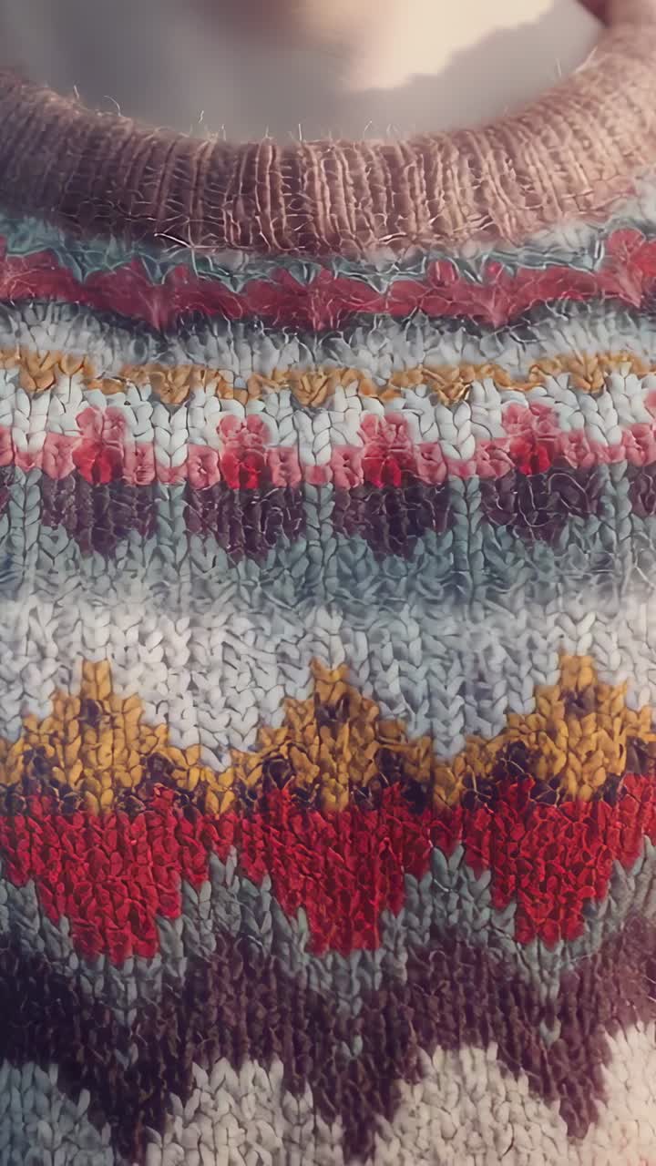 Vertical video: Camera gaining right tilt, revealing Fair Isle sweater at home showing texture