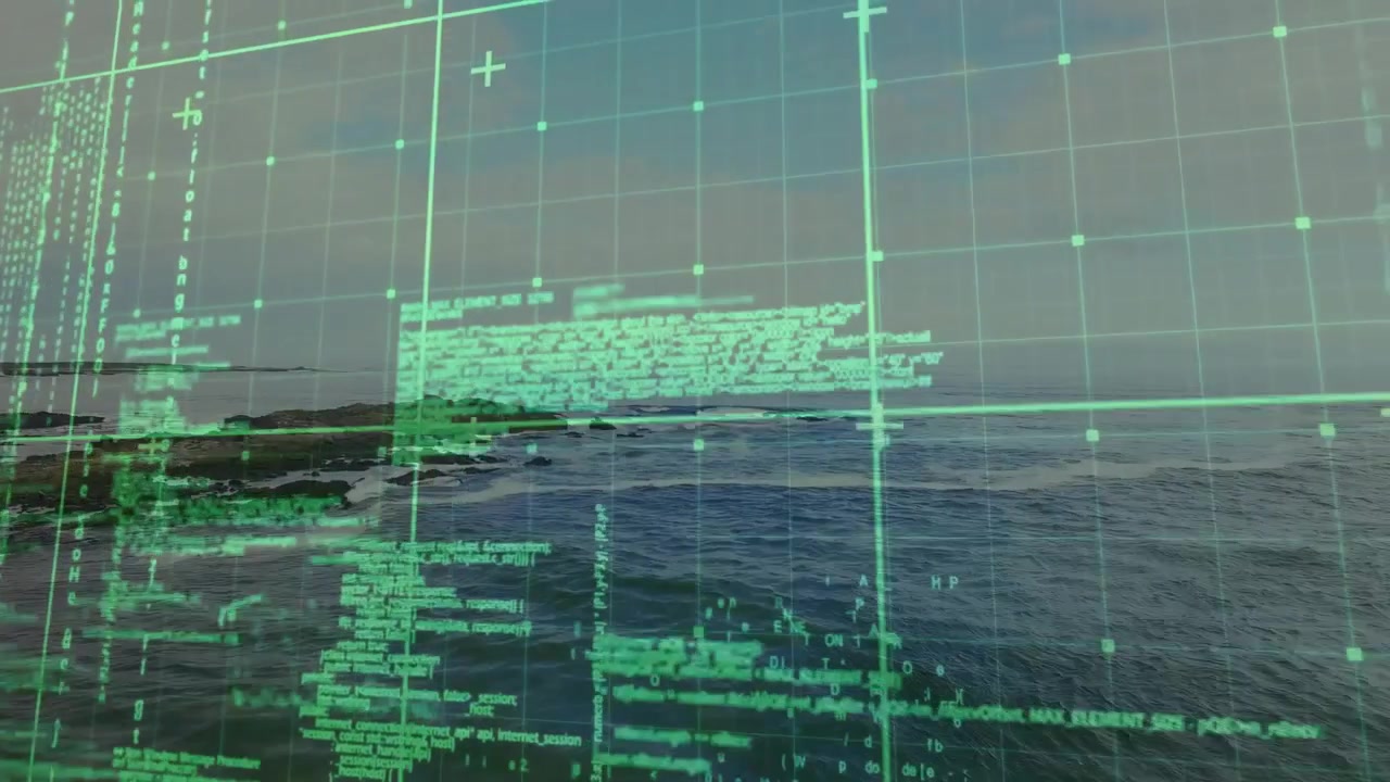 Digital interface overlaying calm coastal seascape, displaying green grid, crosshairs, code blocks