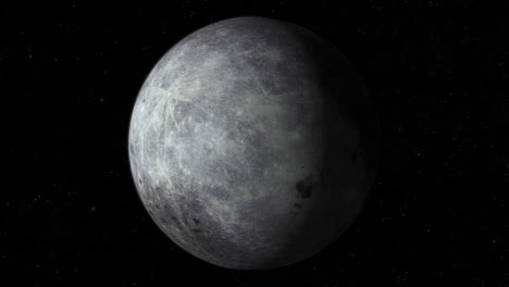 cgi composite: the moon rotating, center-medium shot, half lit with a starry background