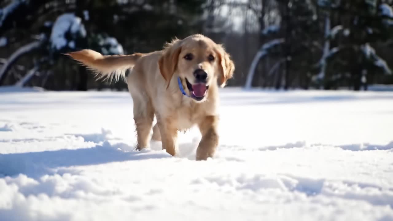 A Joyful Golden Retriever Enjoys a Winter Wonderland, Bounding Through the Fresh Snow with a Happy Gait and Playful Attitude in a Picturesque Snowy Landscape