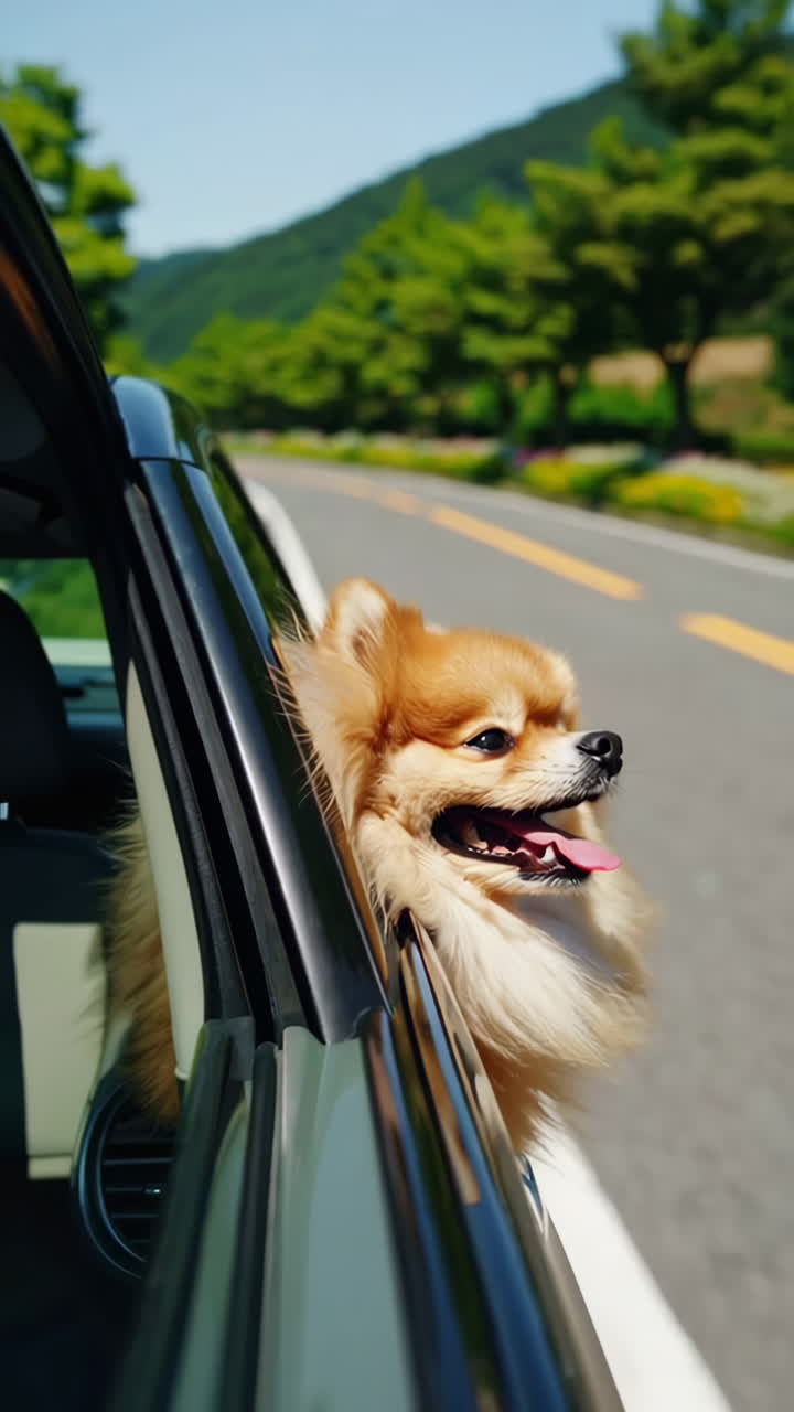 Dog looking out car window on a scenic road trip