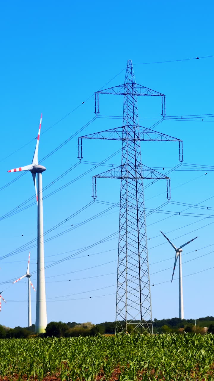 Turbines and power lines. Wind turbines spin in a green field while high voltage power lines stretch across a clear blue sky