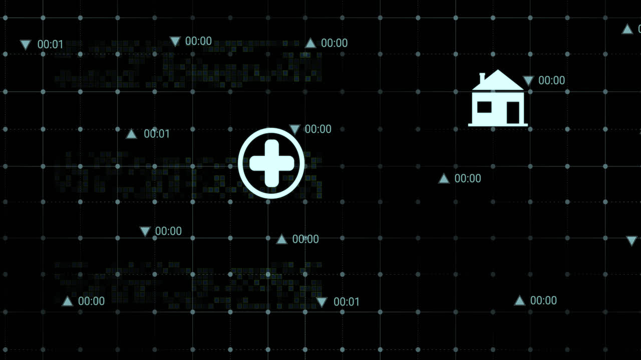 Animation of multiple digital icons over grid network against black background