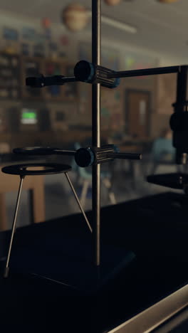 a science lab with a stand and a tripod on a black table