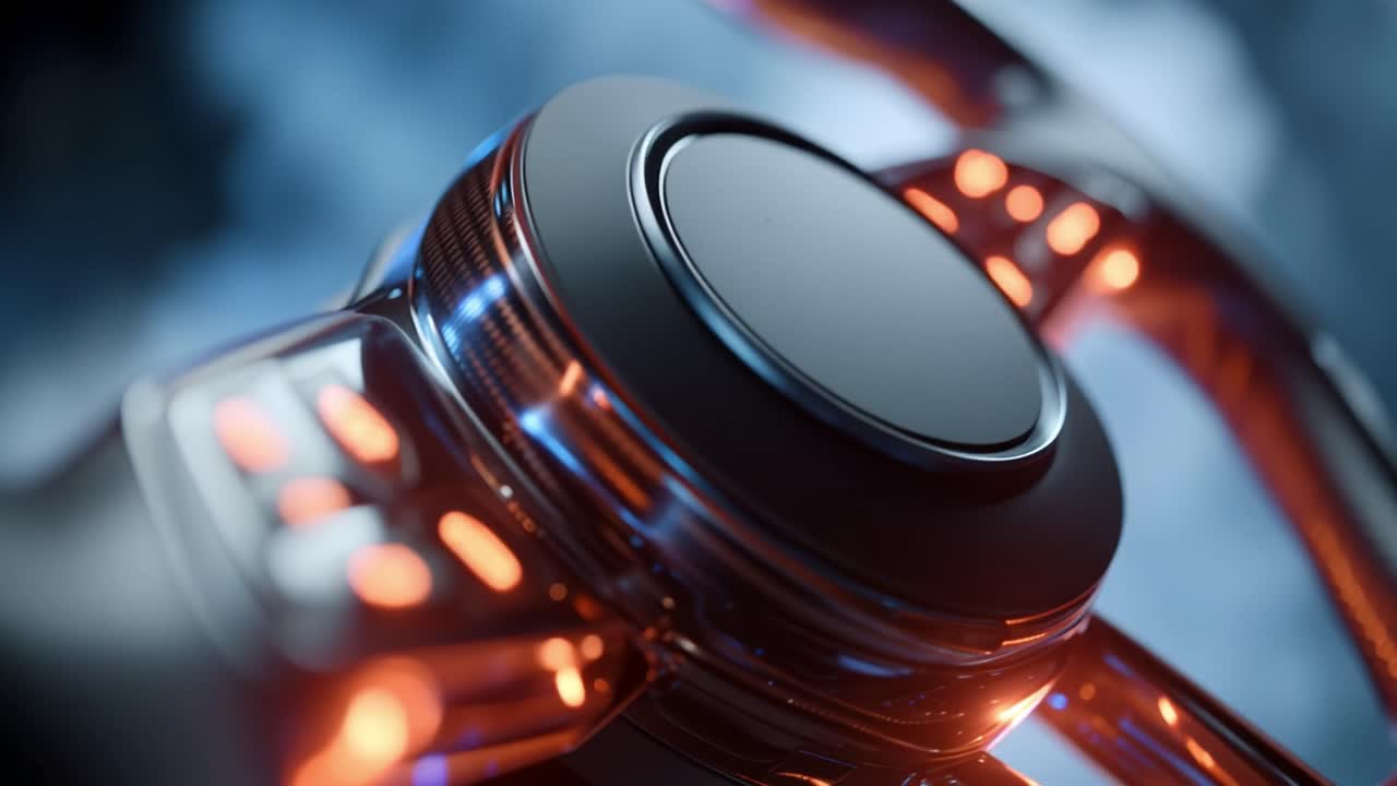 Un volante futuristico si illumina con vivaci luci blu e arancioni. La texture in fibra di carbonio contrasta con gli accenti digitali luminosi. Un primo piano rivela intricati pulsanti di controllo e dettagli di design elegante.