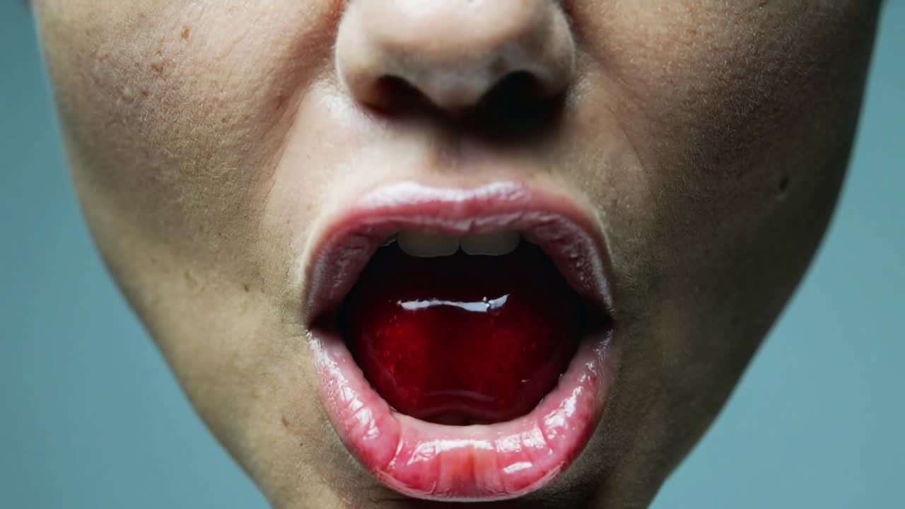 Una donna posiziona una caramella a forma di cuore rosso tra le labbra, la spinge più a fondo, apre la bocca e la assaggia con la lingua
