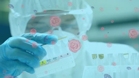 animation of flower icons over caucasian male scientist with test tubes