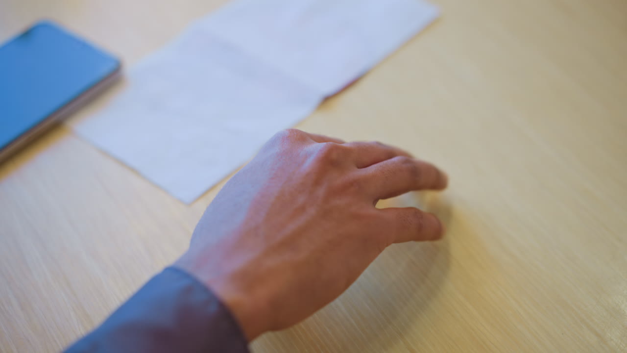 Close-up of young man's hand gently resting on wooden table near white napkin, fingers softly curved in natural position, expressing quiet stillness, mindfulness, and emotional calm in warm indoor setting