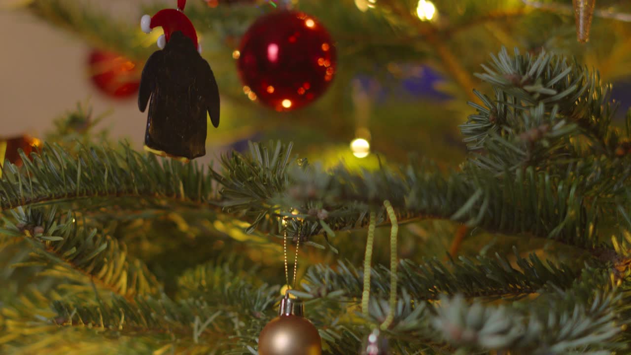 Beautiful Slowly Descending Shot of Christmas Fir Tree with Ornaments including Bourballs and Xmas Lights on Branches. Holidays Festive Seasonal Footage 4K Video Background.
