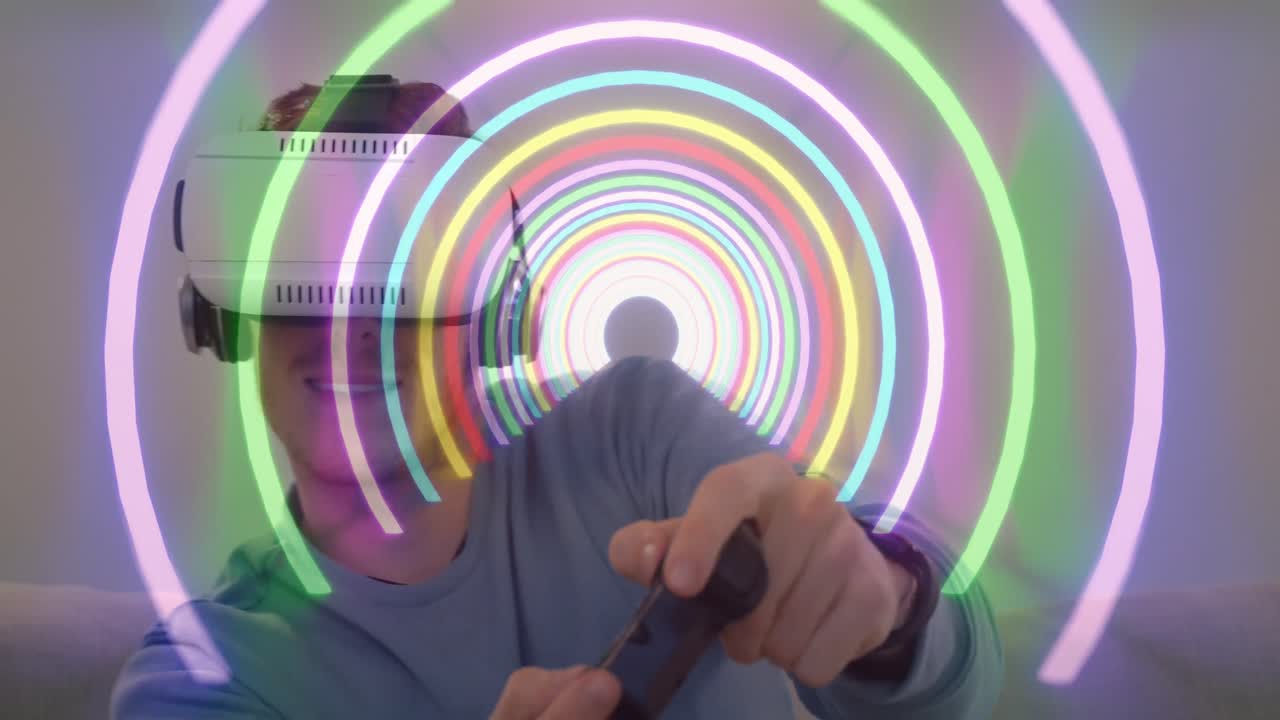 vr 헤드 ⁇ 을 사용하여 백인 남성 위에 네온 모양의 터널의 애니메이션