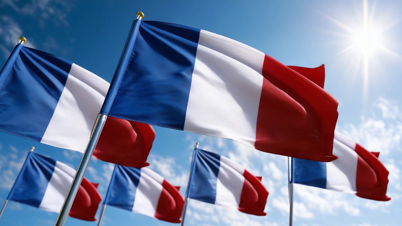 Una vivace esposizione di bandiere francesi che sventolano al vento contro un cielo azzurro brillante, catturando l'essenza dell'orgoglio e dell'identità nazionale.