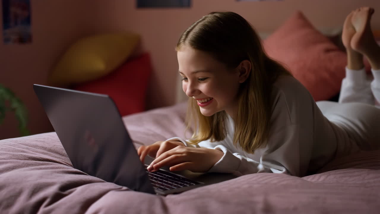 Smiling Girl Using Laptop in Bed