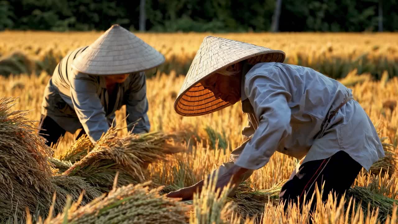 Low-angle video shot of farmers in traditional hats harvesting rice in a golden field
