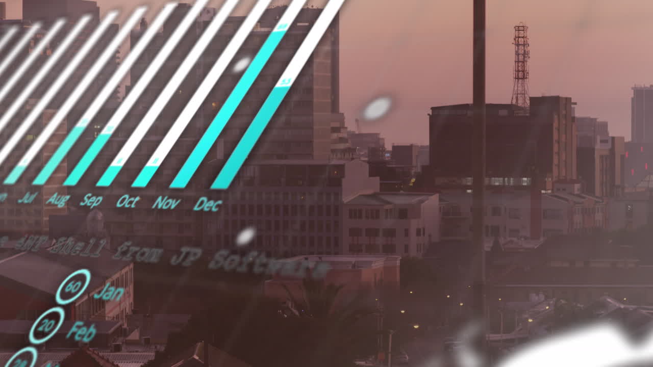 도시 풍경 위의 금융 데이터 처리 애니메이션