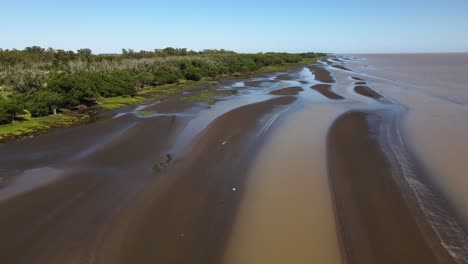 Aerial-of-sandy-swamps-by-Rio-de-la-Plata,-flying-seagulls-visible