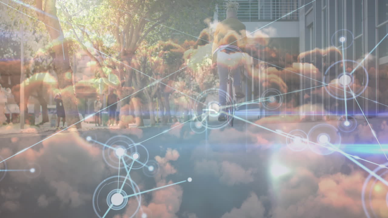 animación de la red de conexiones sobre el hombre en bicicleta en la ciudad