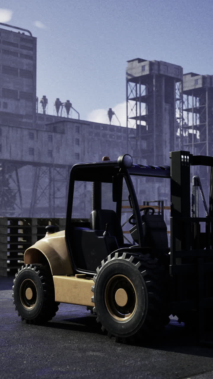 Heavy machinery operates in industrial area during early morning hours