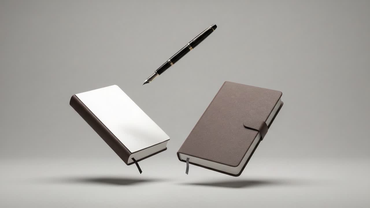 Elegant Display of Two Floating Notebooks with a Sleek Fountain Pen, Showcasing a Harmonious Blend of Writing Tools and Stationery Aesthetics