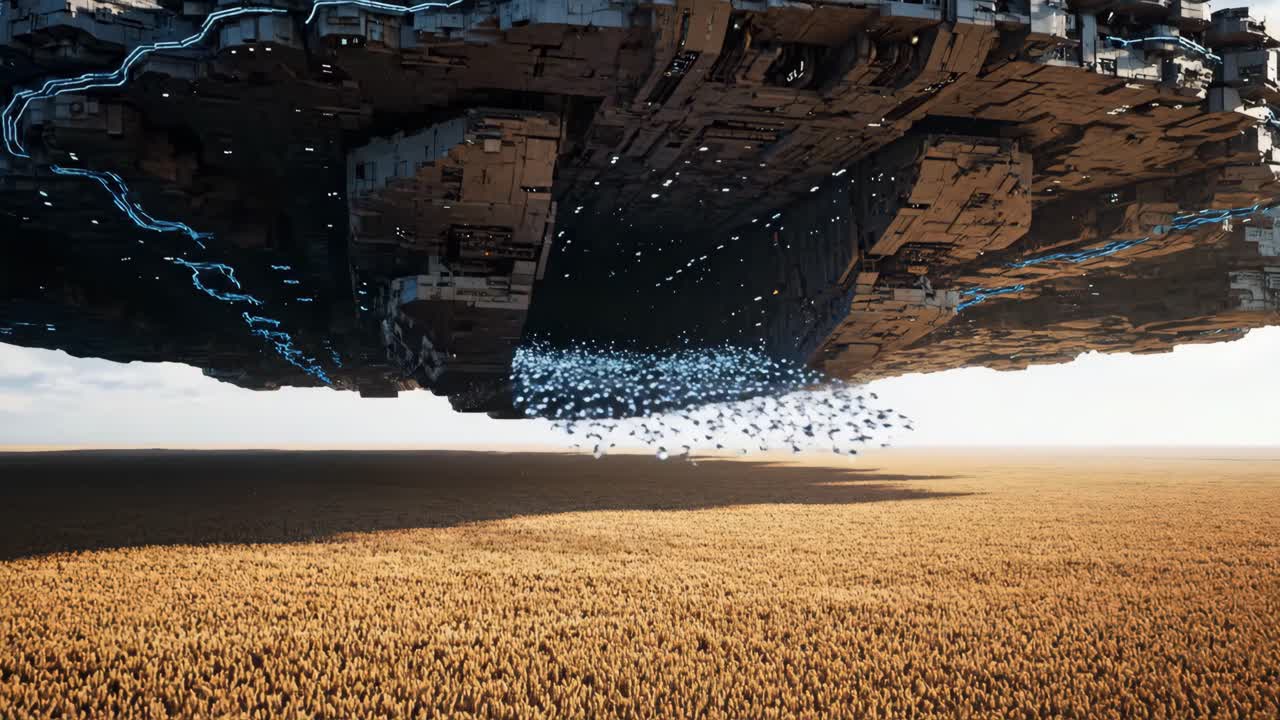 Futuristic Spaceship Over Wheat Field