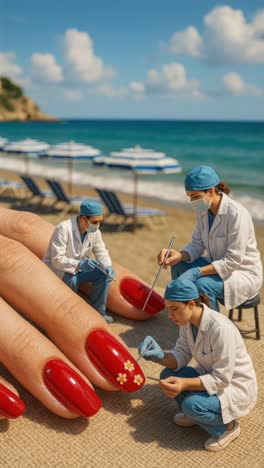 three beauticians in white coats and surgical caps, applying red nail polish and small flowers on a giant hand with long fingers on a beach backdrop