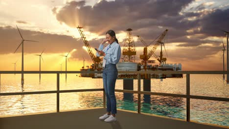 mujer de negocios usando un teléfono inteligente en una plataforma de plataforma petrolera al atardecer
