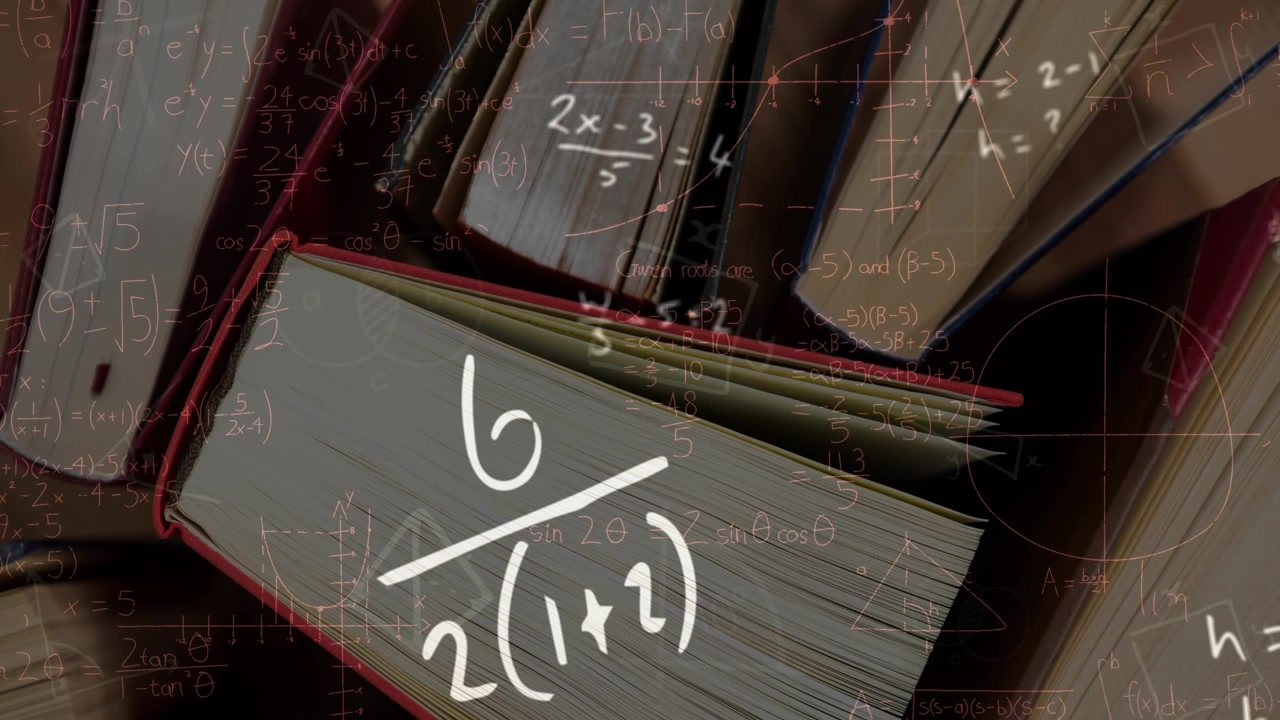Animated Math Equations Floating Over Stacked Books