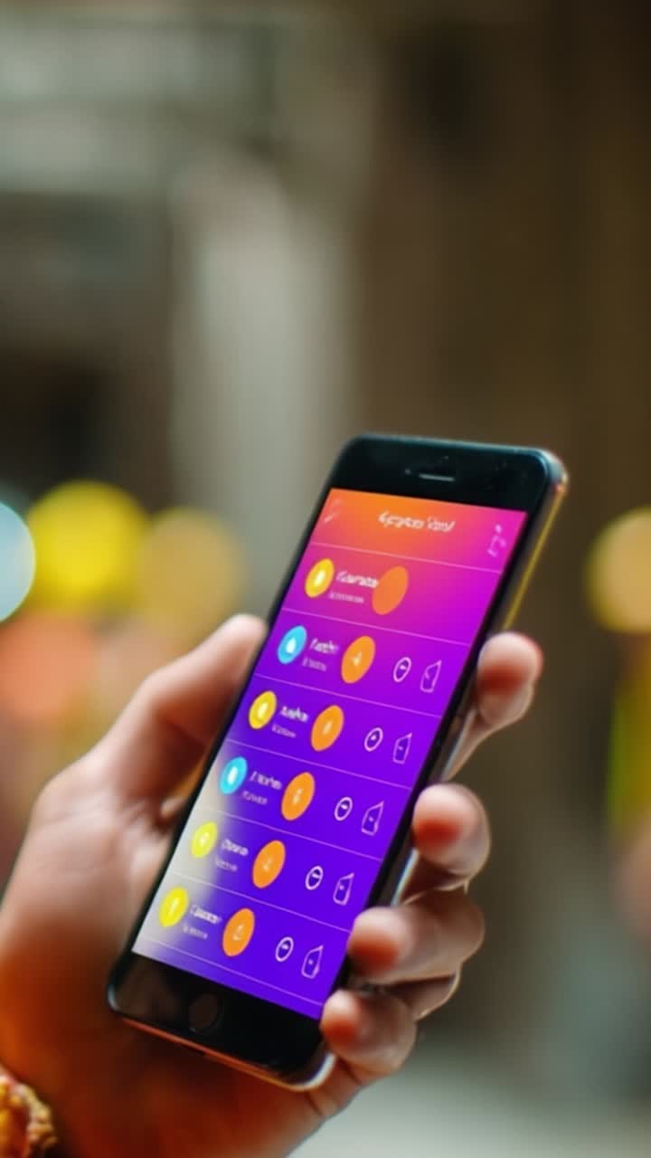 En person holder en smarttelefon som viser fargerikt appgrensesnitt med interaksjonsmuligheter og menyer i en moderne urban setting