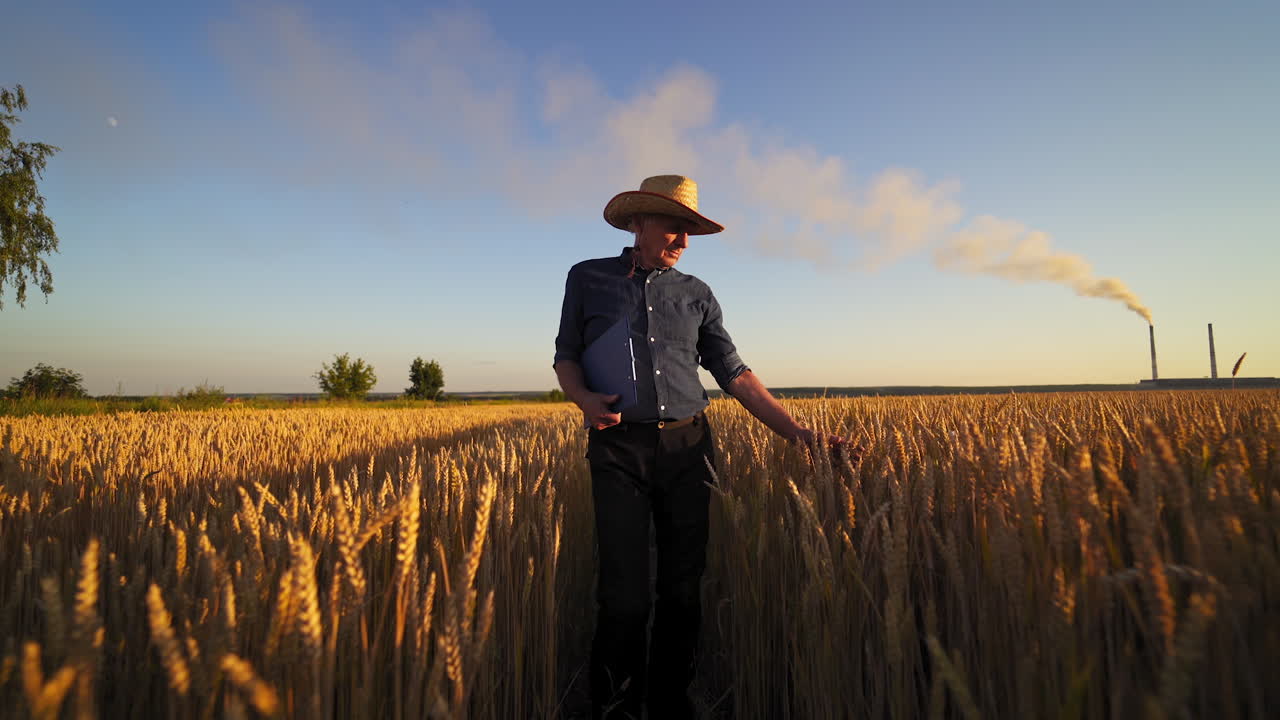 Farmer testing wheat outdoors. Agronomist with a folder walking on the field and looking on the growth of agricultural plants in the countryside.