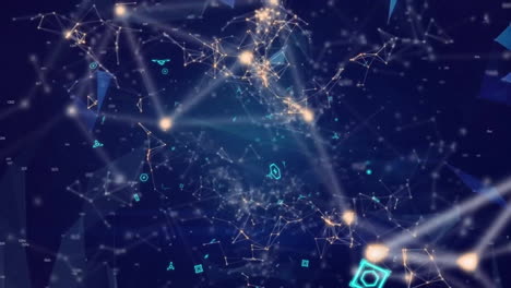 animation of network of connections with globe and icons over shapes moving