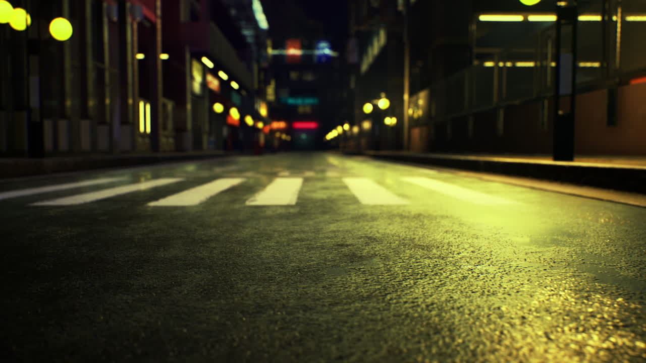 Strada cittadina vuota con il selciato bagnato e lampioni luminosi di notte.