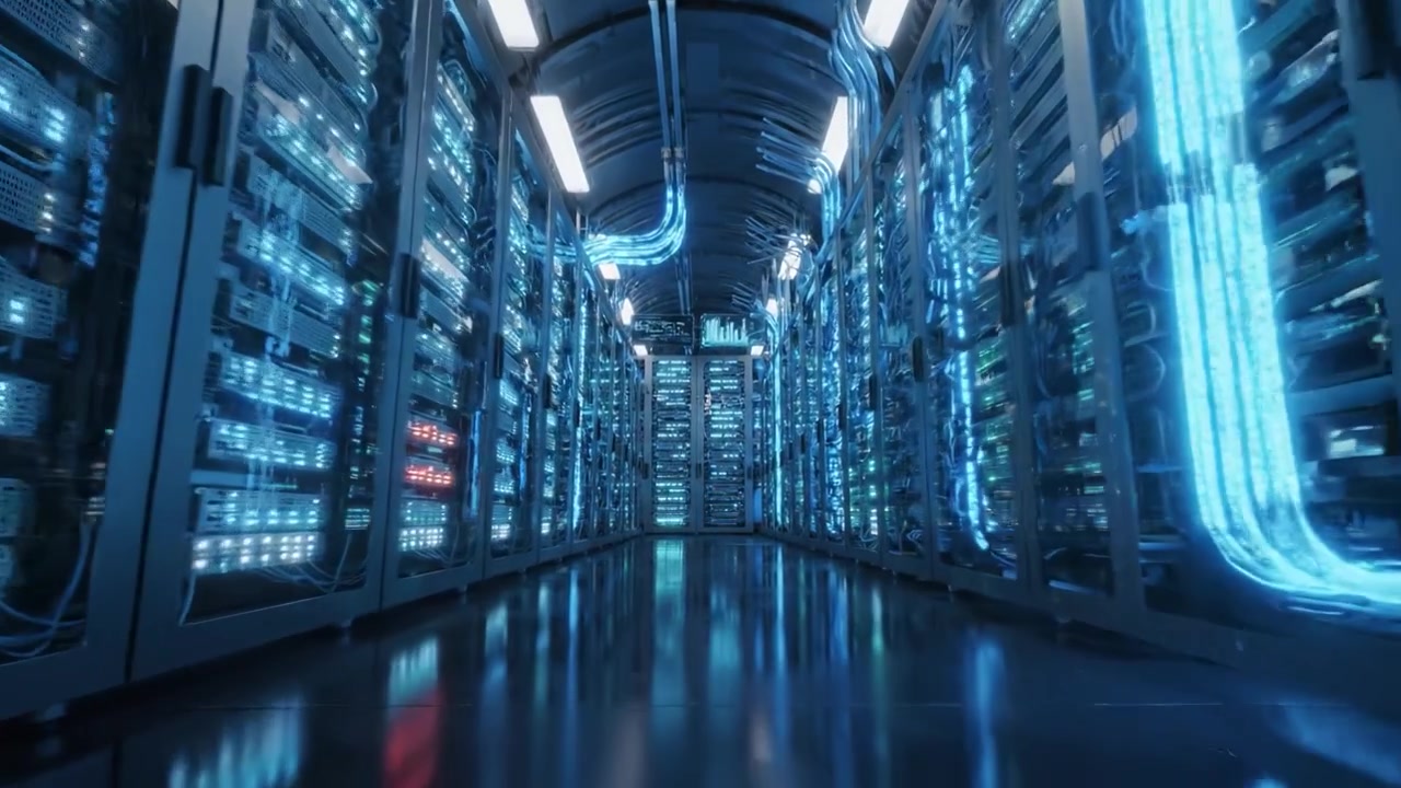 Udforskning af teknologiens hjerte: Et imponerende syn inde i et moderne datacenter med rækker af servere oplyst af blødt blåt lys.