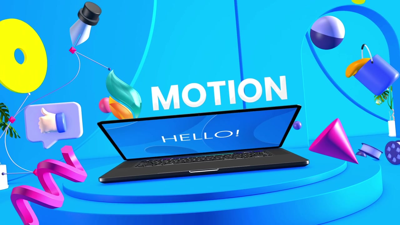 3D Motion Graphics Laptop Presentation with Floating Abstract Elements
