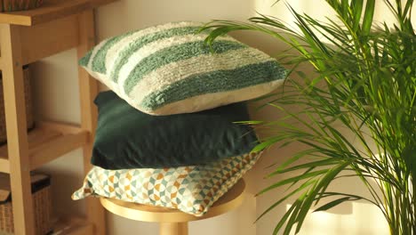 stack of decorative pillows and a green houseplant in sunlight