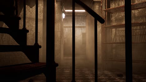 a dystopian destroyed ruined interior, with debris and rats on the floor and staircase, 3d animation, animated scene, camera dolly up