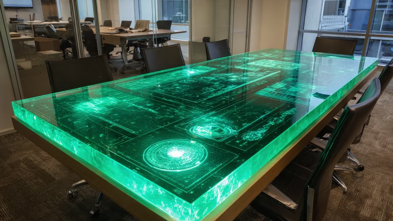 A High-Tech Conference Room Featuring a Futuristic Transparent Table with Digital Displays Illuminated in Green, Perfect for Collaborative Meetings and Innovative Discussions