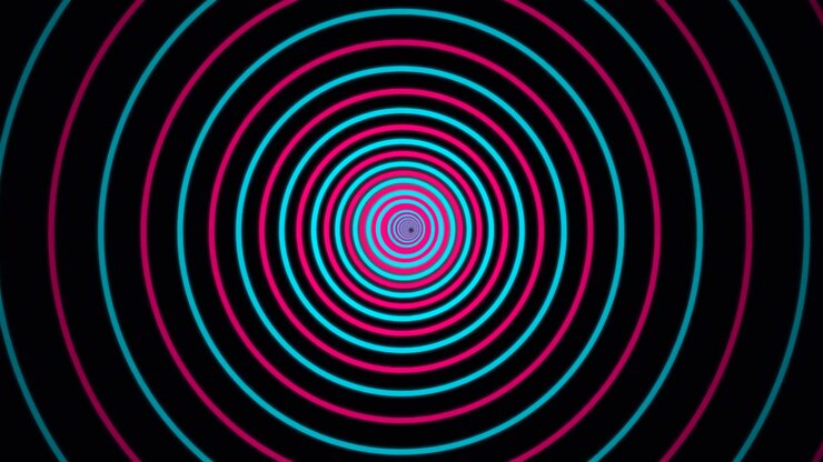 Animação abstrata de túnel com círculos concêntricos em neon rosa e ciano