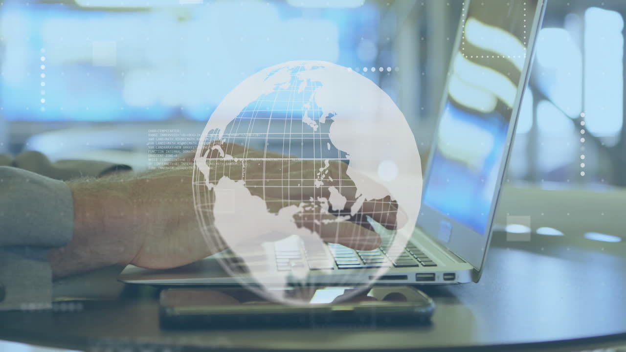 노트북을 사용하는 백인 남성에 대한 데이터 처리와 함께 지구상의 애니메이션