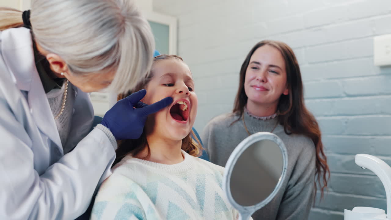 Child undergoing dental examination with mother
