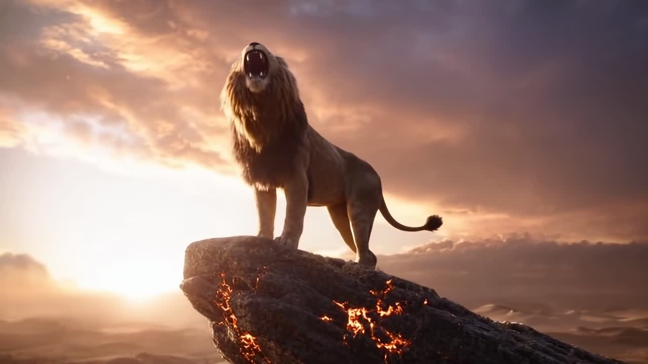 Epický videozáběr lva na skále při západu slunce, pořízený z nízkého úhlu pro dramatický efekt.