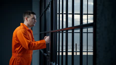 prisoner looking out of jail cell