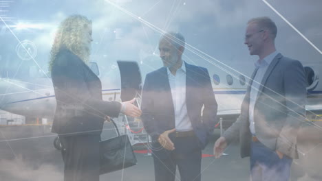 animation of network of connections over caucasian business people at airport